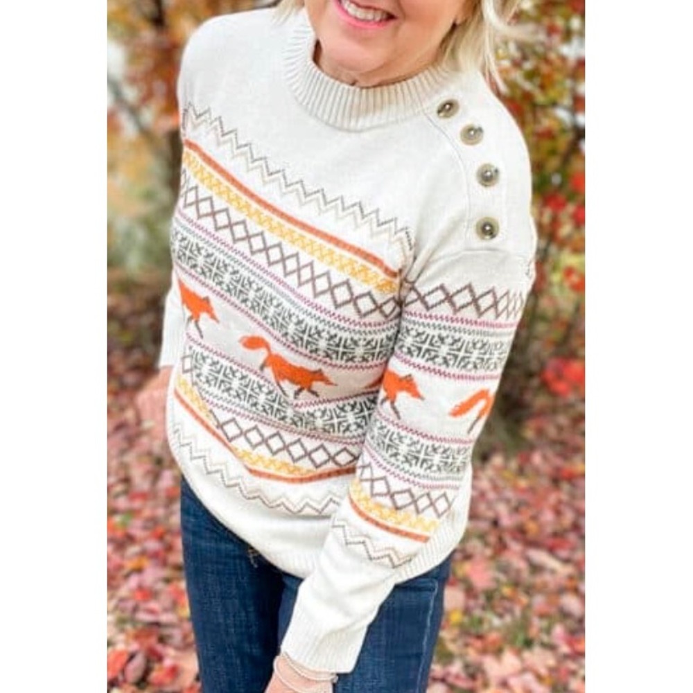Talbots Fox Fair Isle Button Shoulder Sweater Cream Orange M Cottagecore outdoor